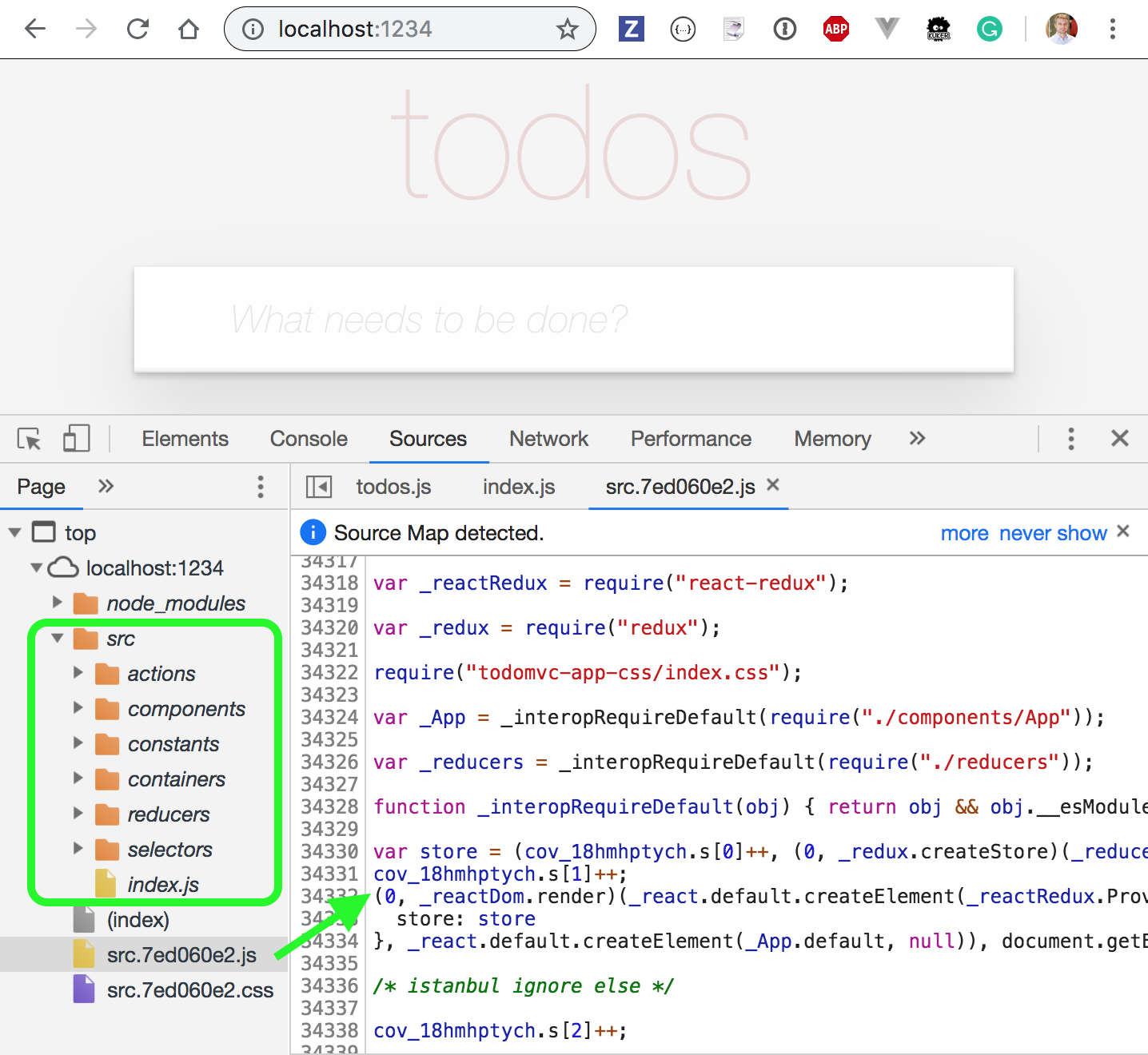 Bundled code and source mapped originals