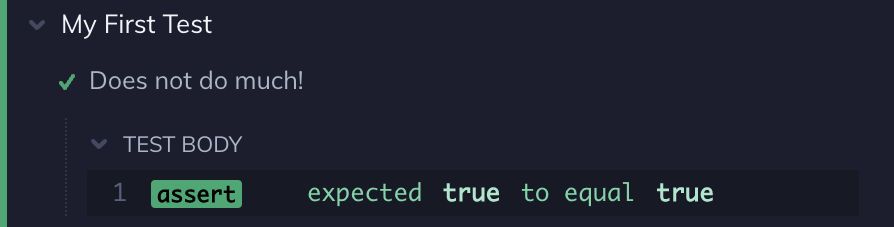 My first test shown passing in the Cypress App